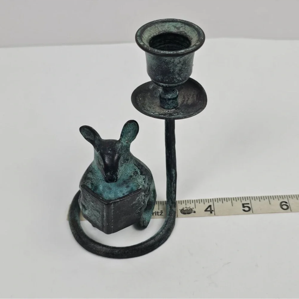 SPI Brass Mouse Reading Book Candlestick Candle Taper Holder 1991 Vintage Green - Picture 6 of 7